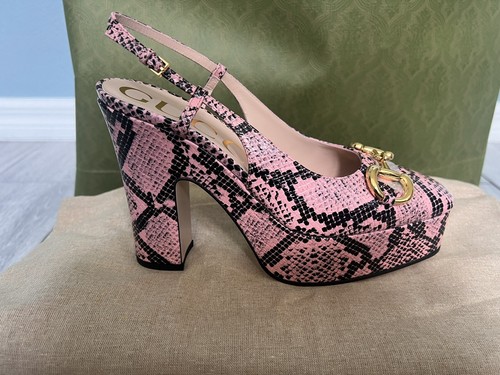 Pre-owned Gucci Shoes Python Print Leather W Horsebit Platform Slingback $1100 38.5 8.5 Us In Multicolor
