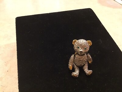 vintage Jointed Teddy Bear Rhinestone Silver gold brooch