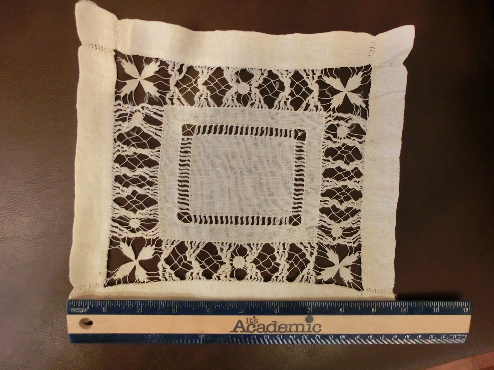 Lot of 2 Antique Vintage Ivory LINEN Doilies/Table Top Hand Drawn Threadwork