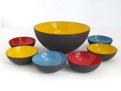 KRENIT Enamel Bowl Matt Black Red Herbert Krenchel Made in Denmark Mid-Century Vintage