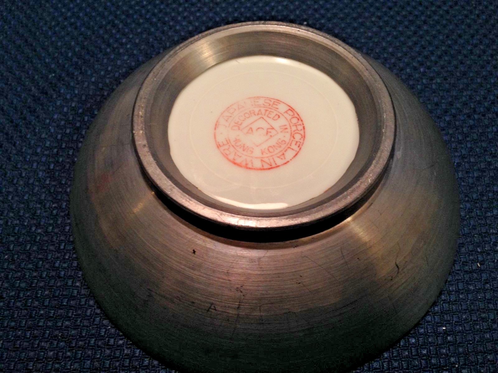 Vintage A.C.F. Japanese Porcelain Ware Pewter-Clad Turquoise Bowl Butterflies