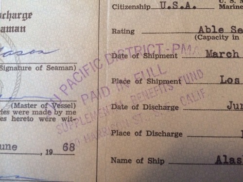1968 U.S. Coast Guard Certificate of Discharge Merchant Seaman Steam Vessels
