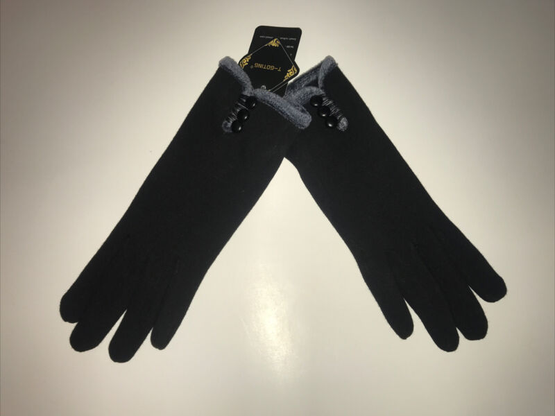 T-GOTING Women Warm Black Fleece Gray Faux Fur Lined Driving Winter Gloves sz M