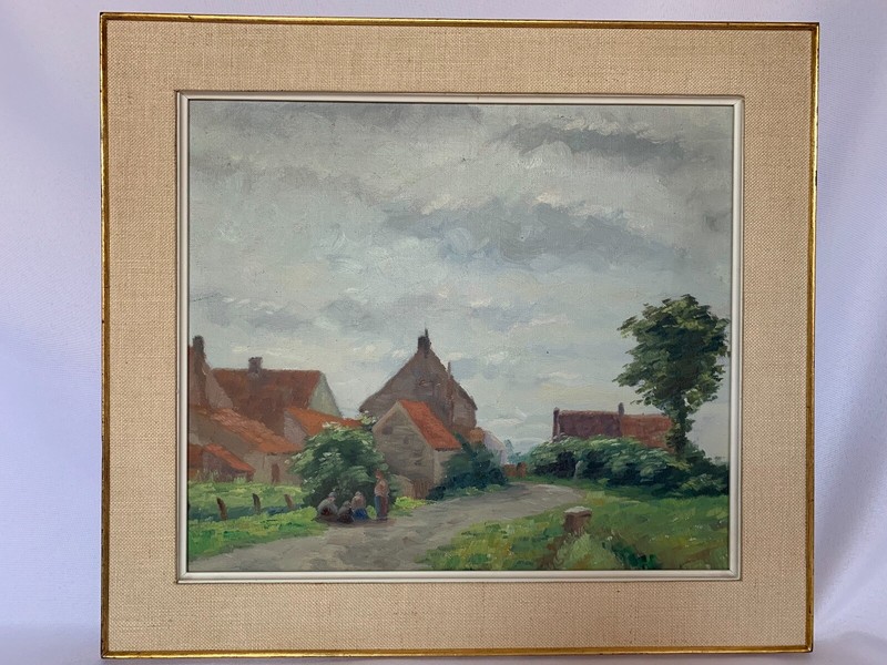 Huile Sur Panneau D'Isorel ScÃ¨Ne Village 1930 Belle Technique Cadre Tissu C1698