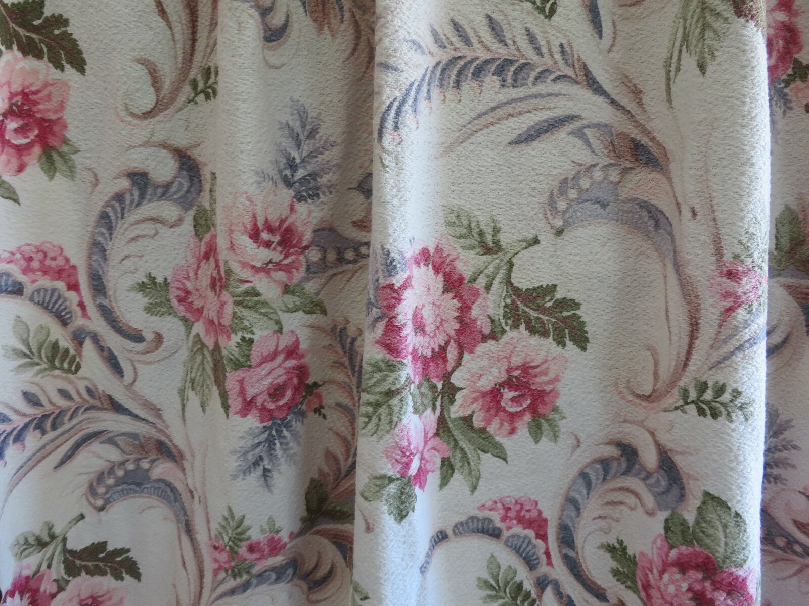 Vintage 40's Nubby Barkcloth Romantic Cottage PINK ROSES on White x2 Drapes