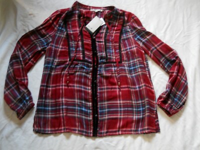 Seven7 Red Navy Plaid Blouse Size M Long Sleeves Lace Pleats NWT