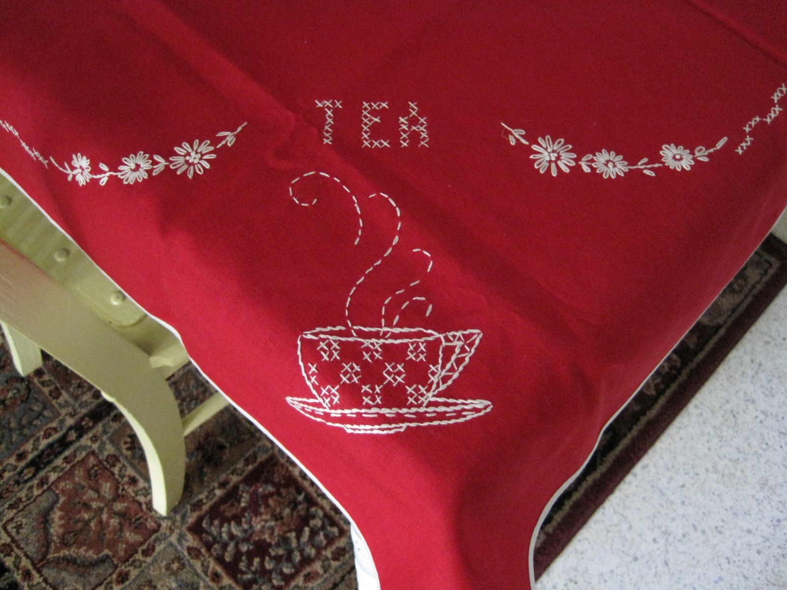 Adorable Vintage Red & White Embroidered Tablecloth w/matching Toaster Cover