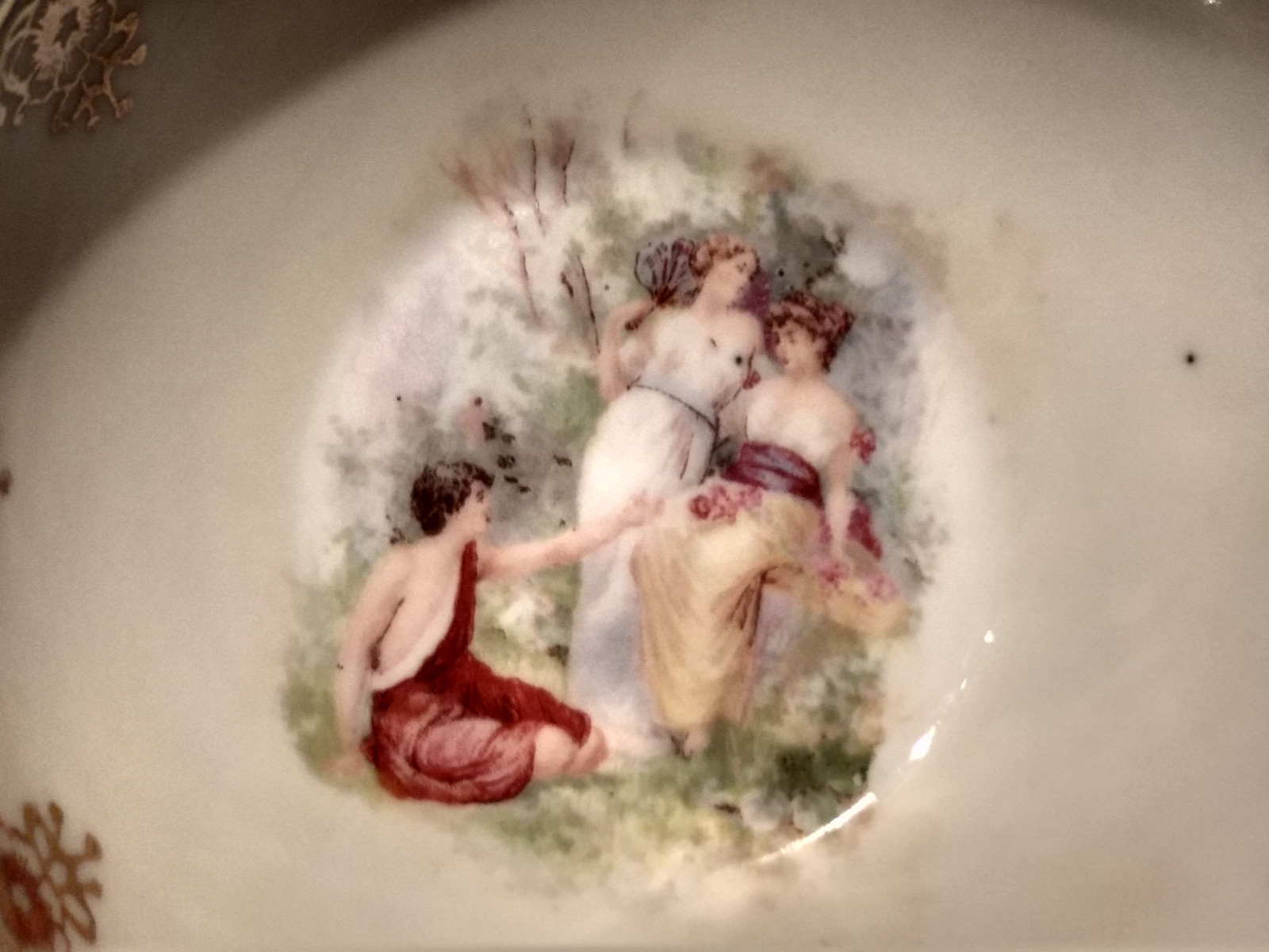 Antique CAMEO Colonial Couple WREATH RIBBON Gold Teal Porcelain CUP SAUCER Set