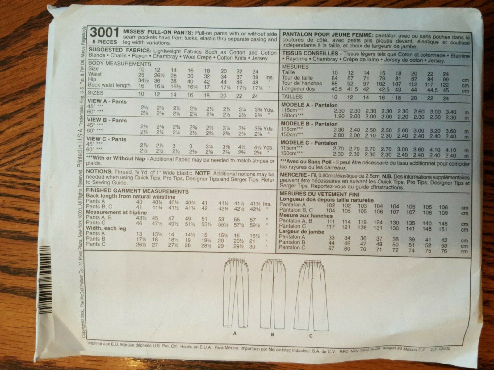 VINTAGE UNOPENED McCALLS PATTERN MISSES 1 HOUR  PULL-ON PANTS SIZE 10 # 3001