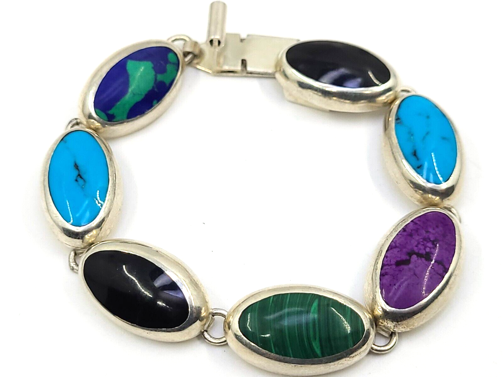 Colorful Vintage Taxco Mexico C-11 925 Sterling Silver & Multi Gemstone  Bracelet