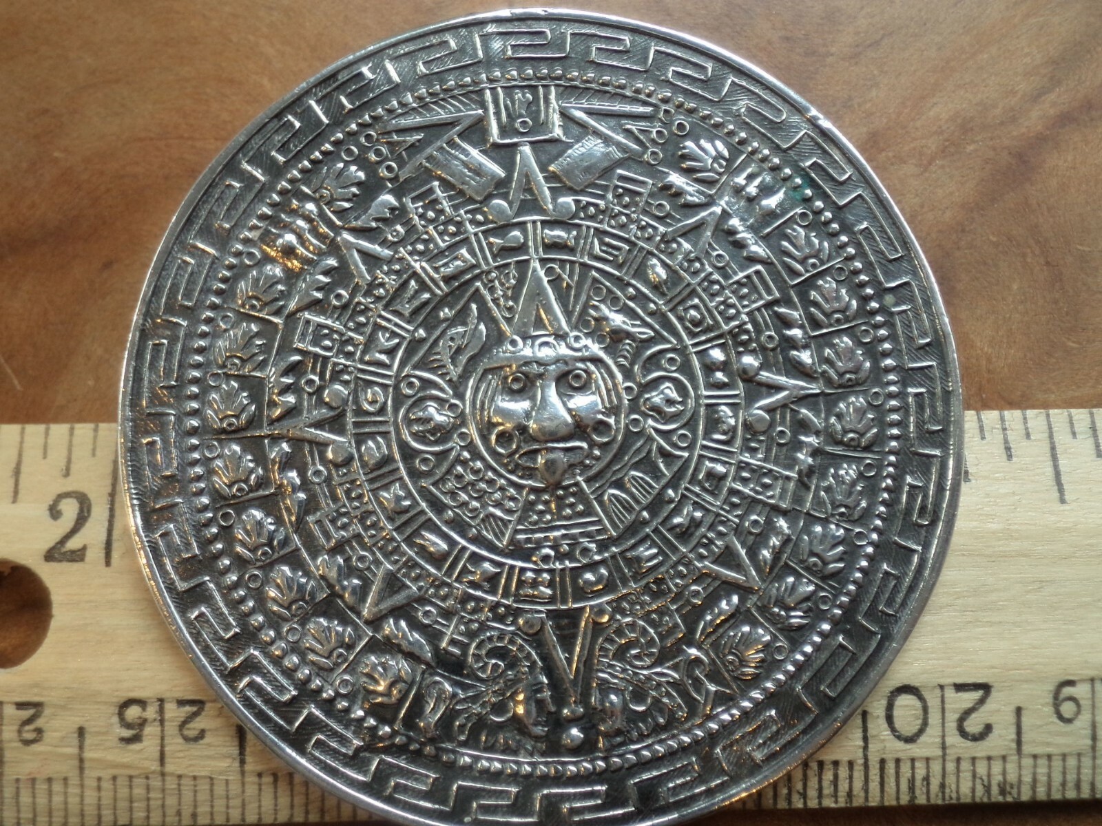 Vintage Mexico Sterling Silver Aztec Calendar Large Brooch Pin Pendant