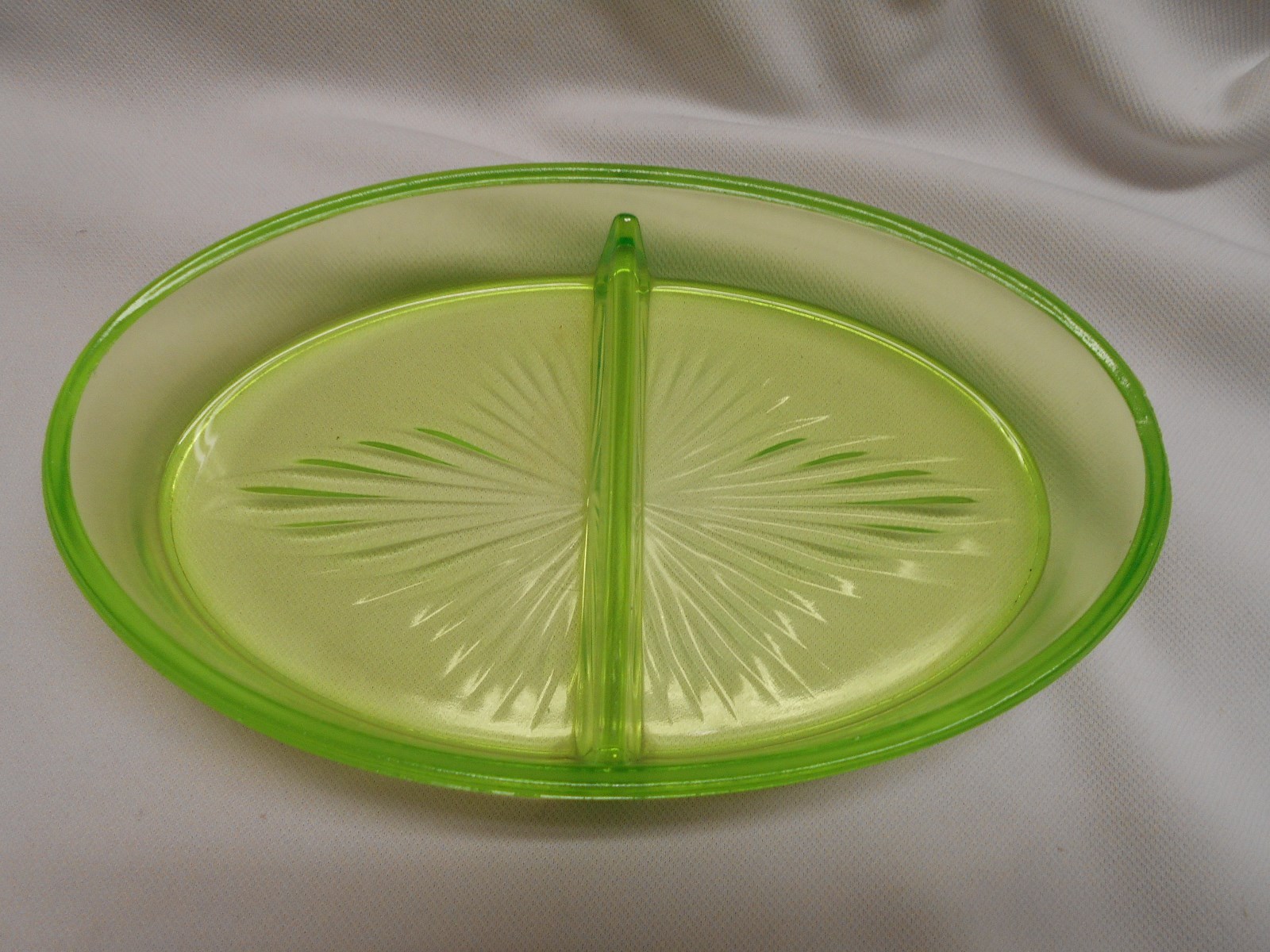 vintage green Vaseline glass  Divided Relish Dish