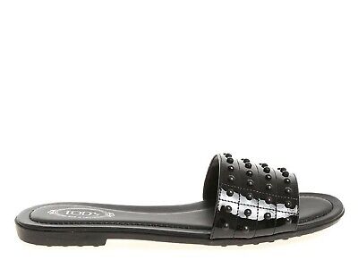 Pre-owned Tod's Women's Fashion Slip-on Flat Slide Sandals Black Patent Leather With Studs