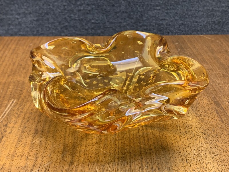Mid Century Modern Murano Amber Art Glass Controlled Bubbles Bimorphic