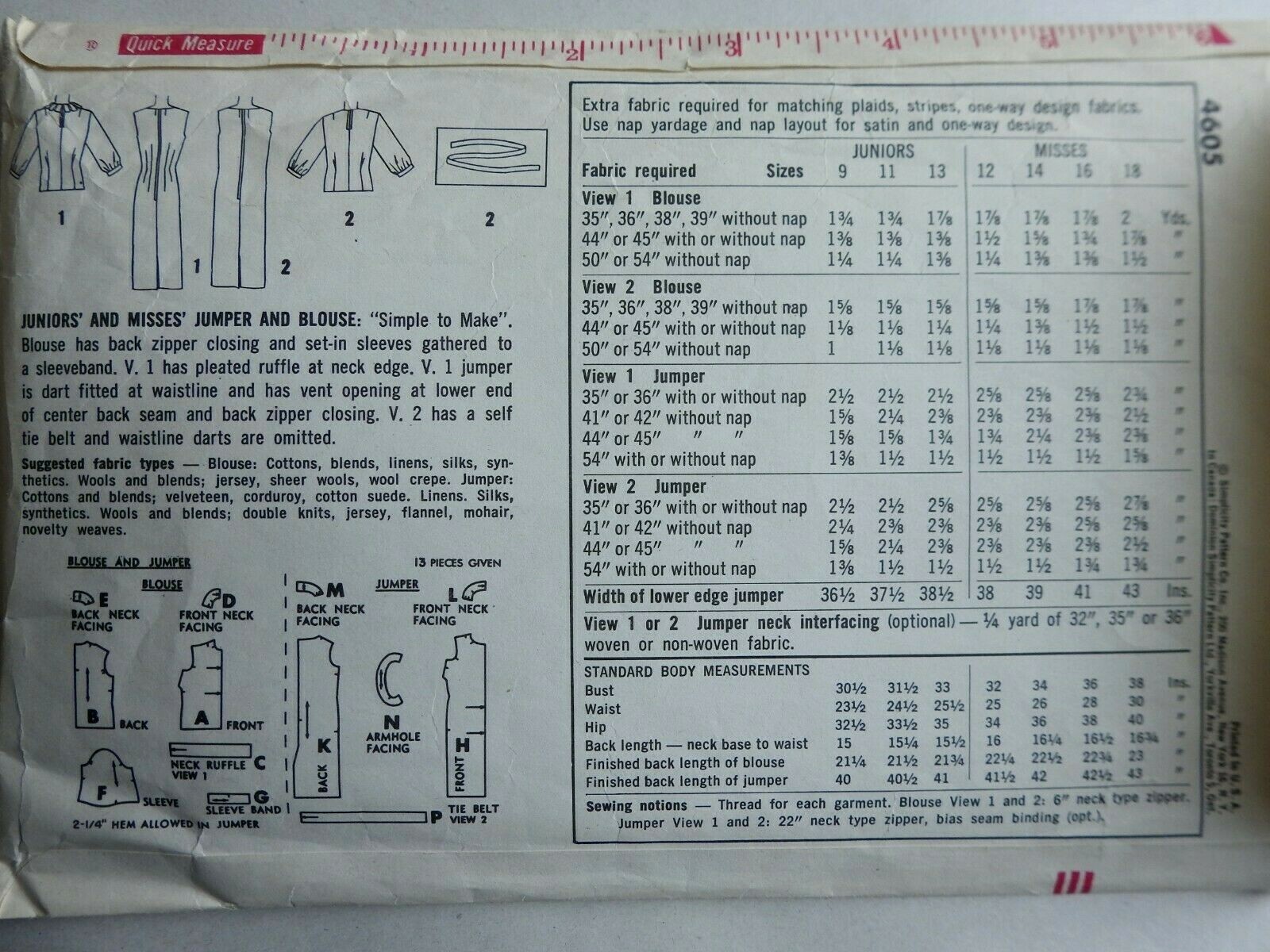 Vtg. Simplicity Sewing Pattern 4605 Junior and Misses Jumper and Blouse Size 18