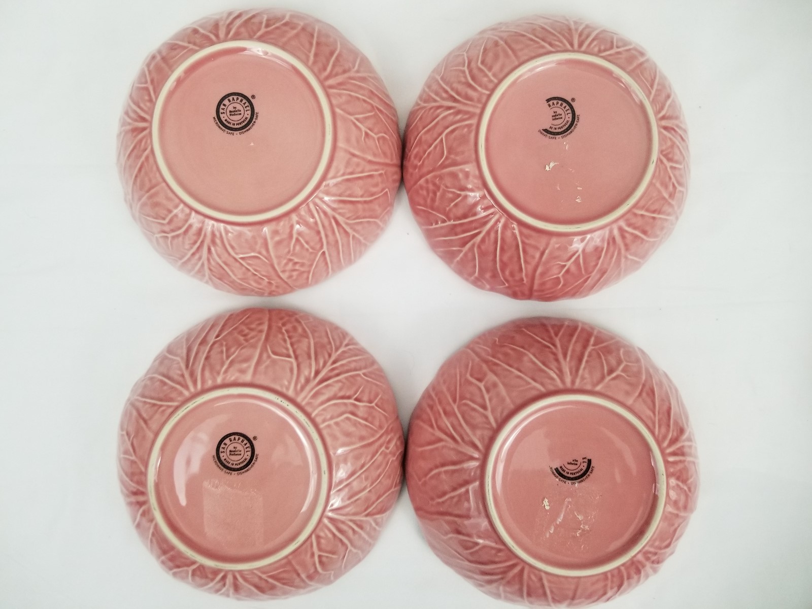 4 Vintage San Raphael Bowls Portugal Bordallo Heiro Pink Cabbage Leaf 6 1/2