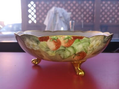 Limoges *AKD Klingenberger & Dwenger 3 Footed Bowl*  Strawberries Plants Motif