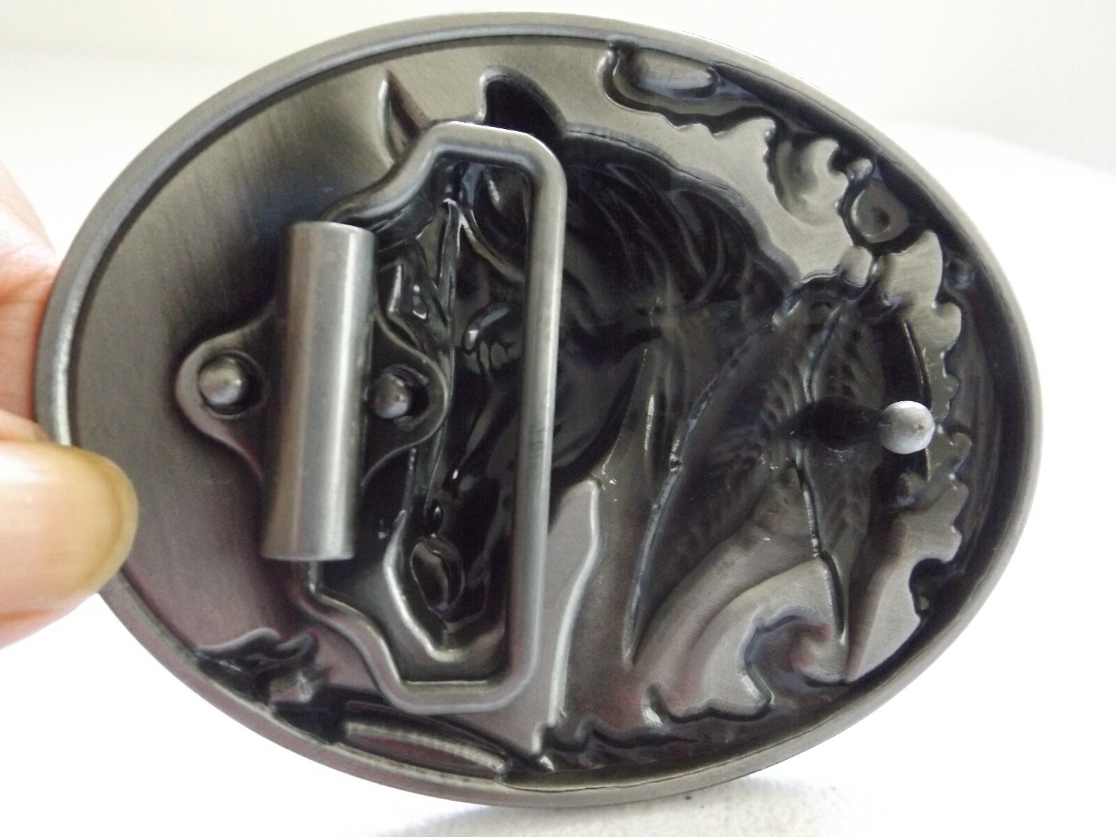 Western Horse Feathers, Black Enamel, Oval Shape, Pewter Tone, Belt Buckle, NEW