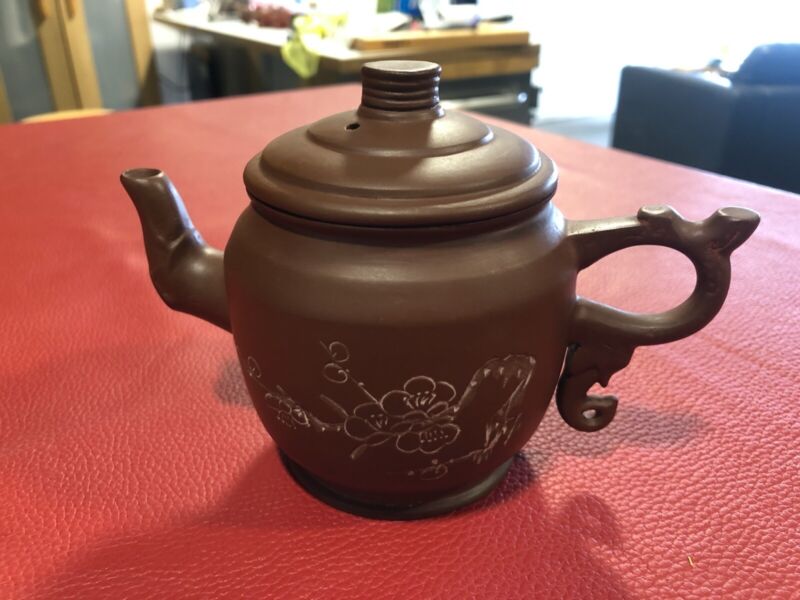 Chinese Yixing Zisha Clay Teapot, Flower and Writing, Collectible, Never Used.