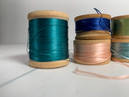 Lot 7 Vintage SILK thread Aqua Assort wood spool BELDING CORTICELLI button twist