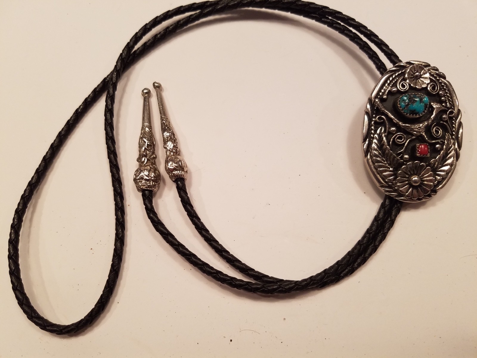 Vintage Native American Silver Bolo Tie and Belt Buckle Turquoise & Coral Stones