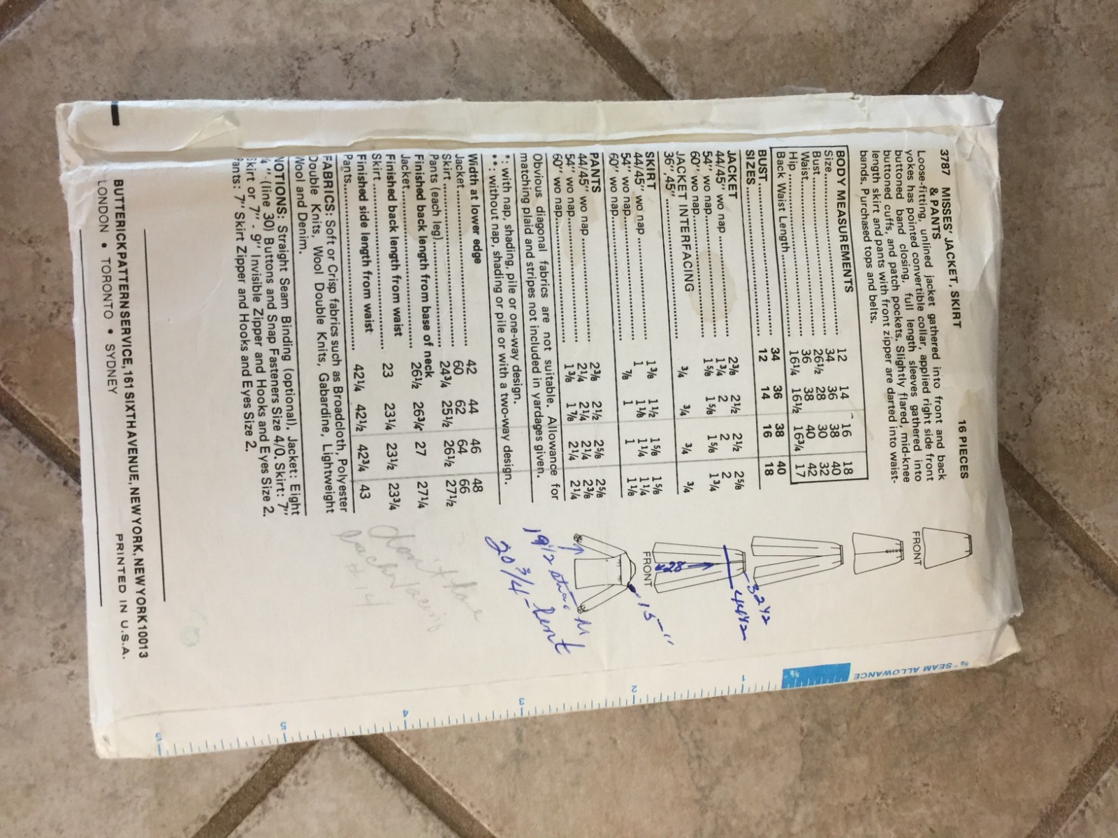 Vintage Butterick Women's #3787 Pattern Size 16 Jacket Skirt Pants