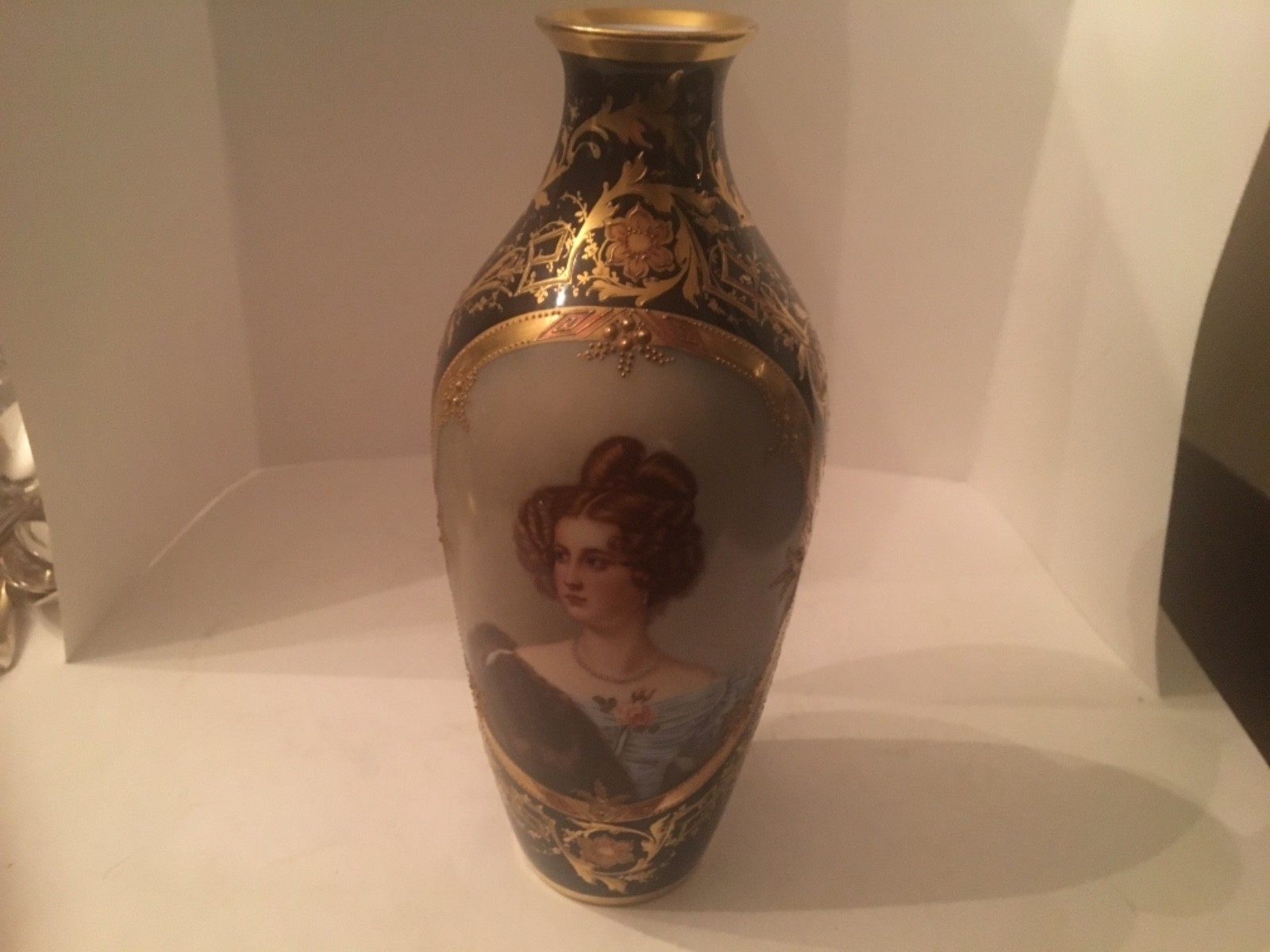 Antique Royal Vienna Handpainted Cobalt/Gold Portrait Vase 1870’s Excellent