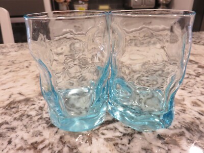 2 VTG Bormioli Rocco Sorgente Aqua Blue 4 1/4'' DOF Glass Whiskey Tumblers EUC