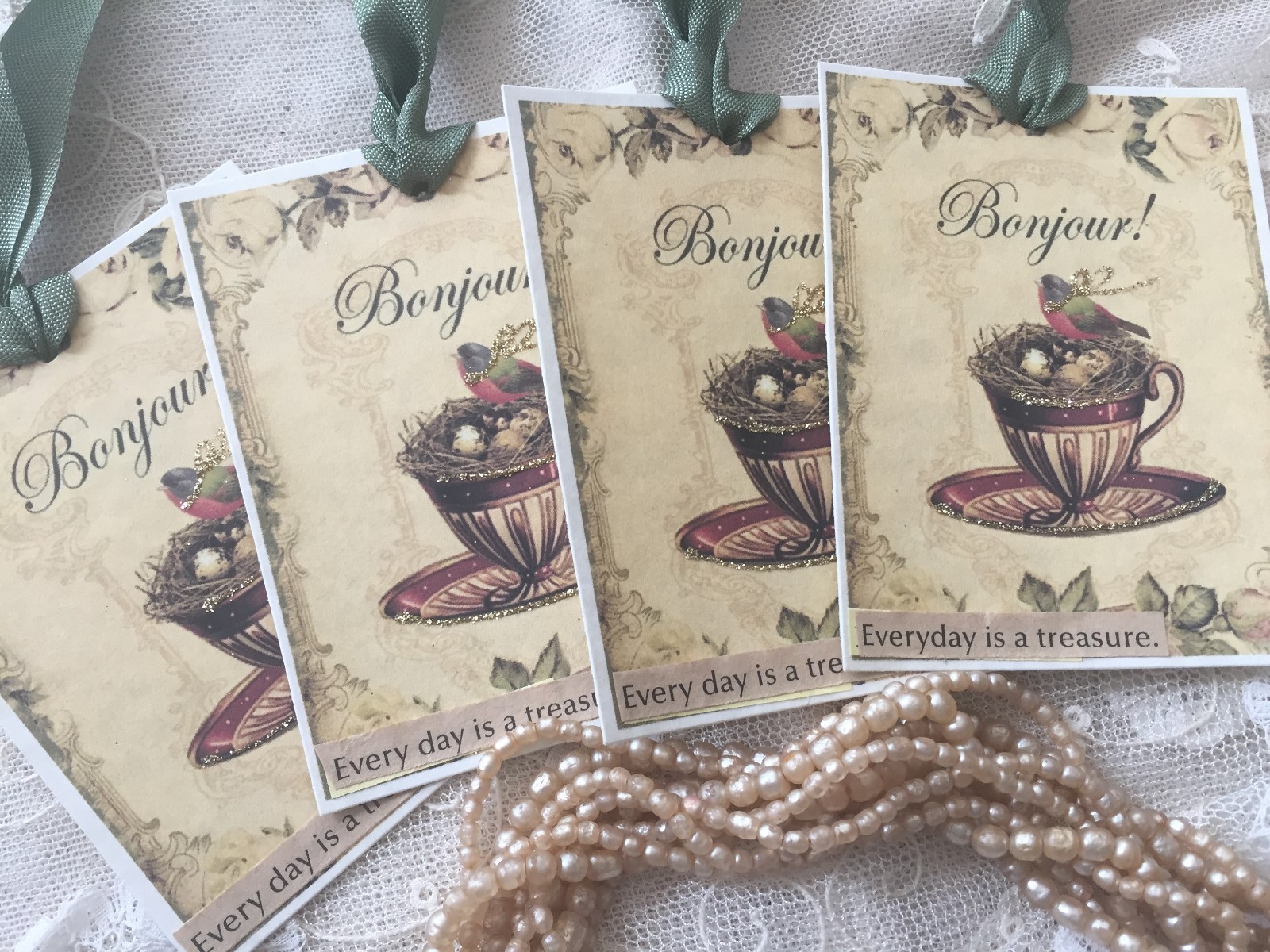 ~ VINTAGE Thank YOU Bonjour EVERY Day is a TREASURE Tags  ~