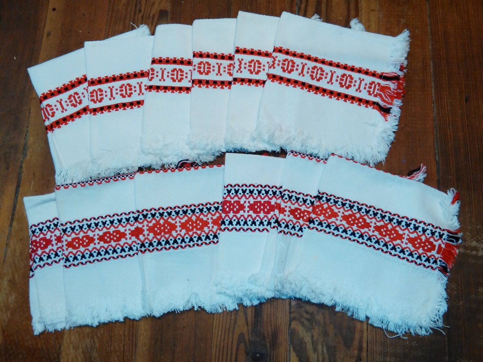 Vintage Hungarian HUNGARY HUCK WEAVE Napkin Set RED BLACK WHITE Lot of 12