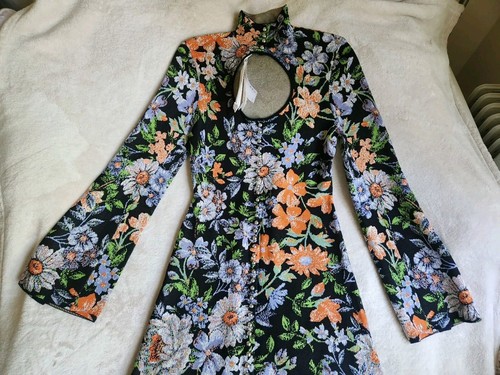 Pre-owned Rabanne H&m X Paco  Jacquard Knit Cut-out Floral Dress Sz Xl In Printed Orange/ Gold/silver/black