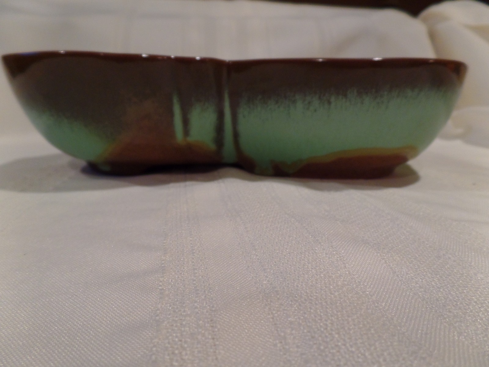 Vintage Frankoma Pottery #4QD Prairie Green Lazybones Divided Serving Dish Bowl
