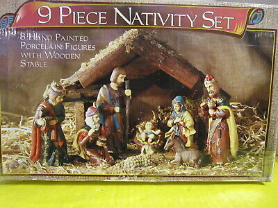 VTG East West Distributing 9 Piece Hand Paint PORCELAIN Nativity Set Wood Stable
