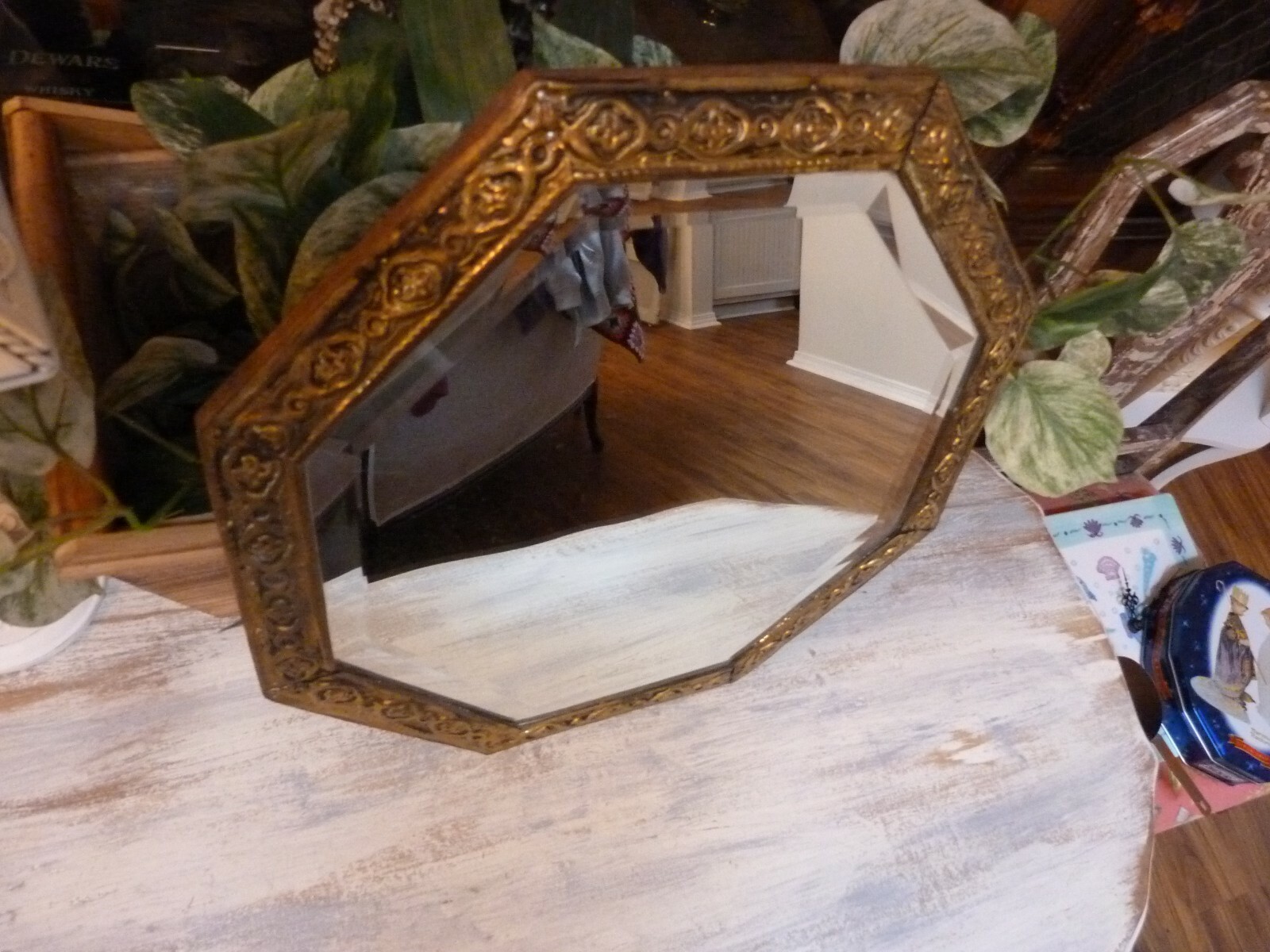 Antique Beveled OCTAGONAL Brass MIRROR