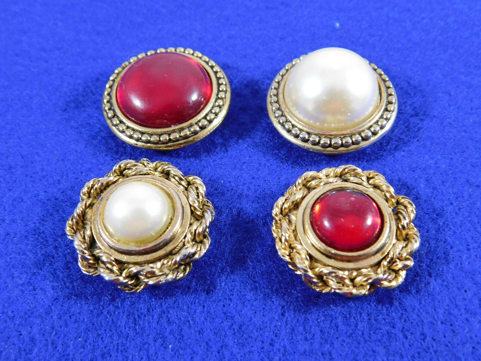 Vintage Button Covers Faux Pearl Red Cabochons Gold Tone Set of 4