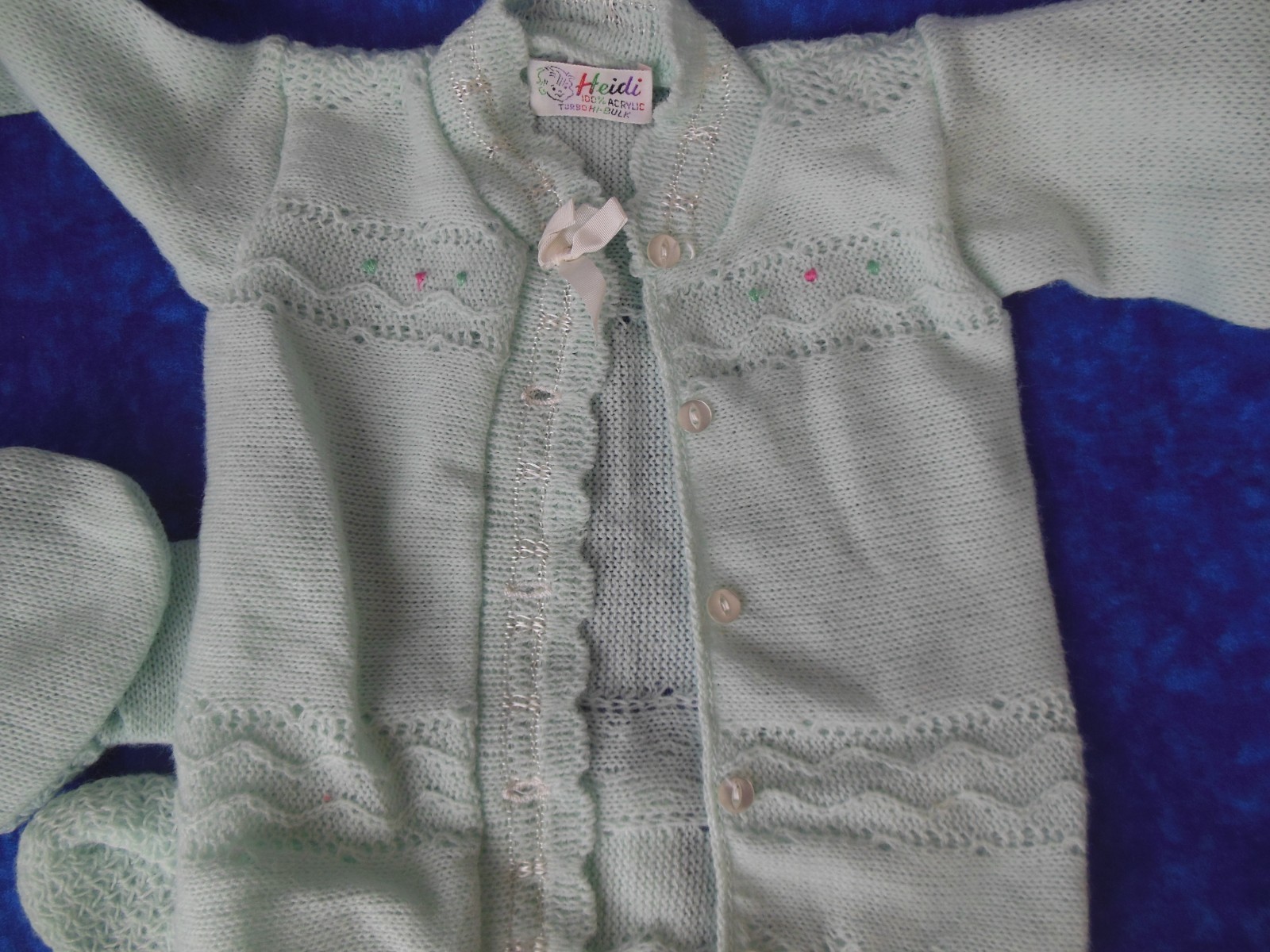 Vintage Baby Booties & Sweater & Bonnet Light Green  Set  Heidi 100% Acrylic