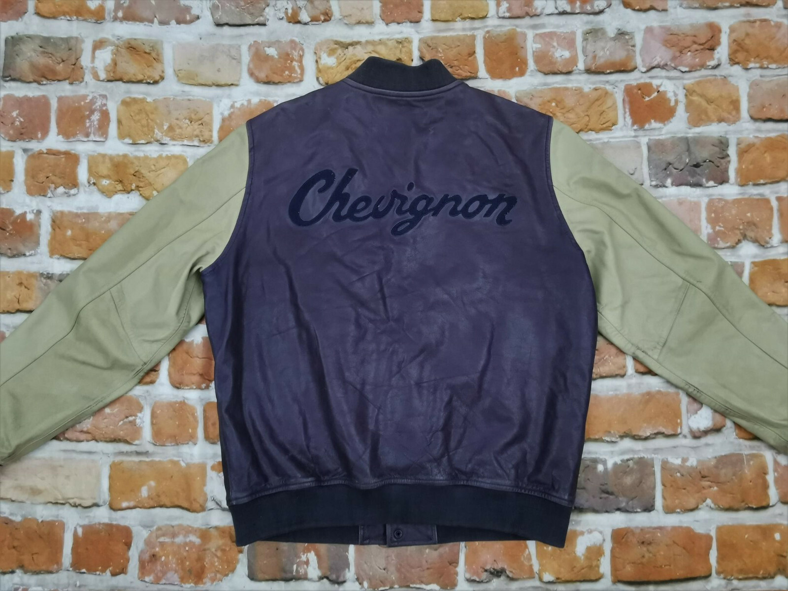 Chevignon 57 Varsity Leather Jacket Script Purple Beige