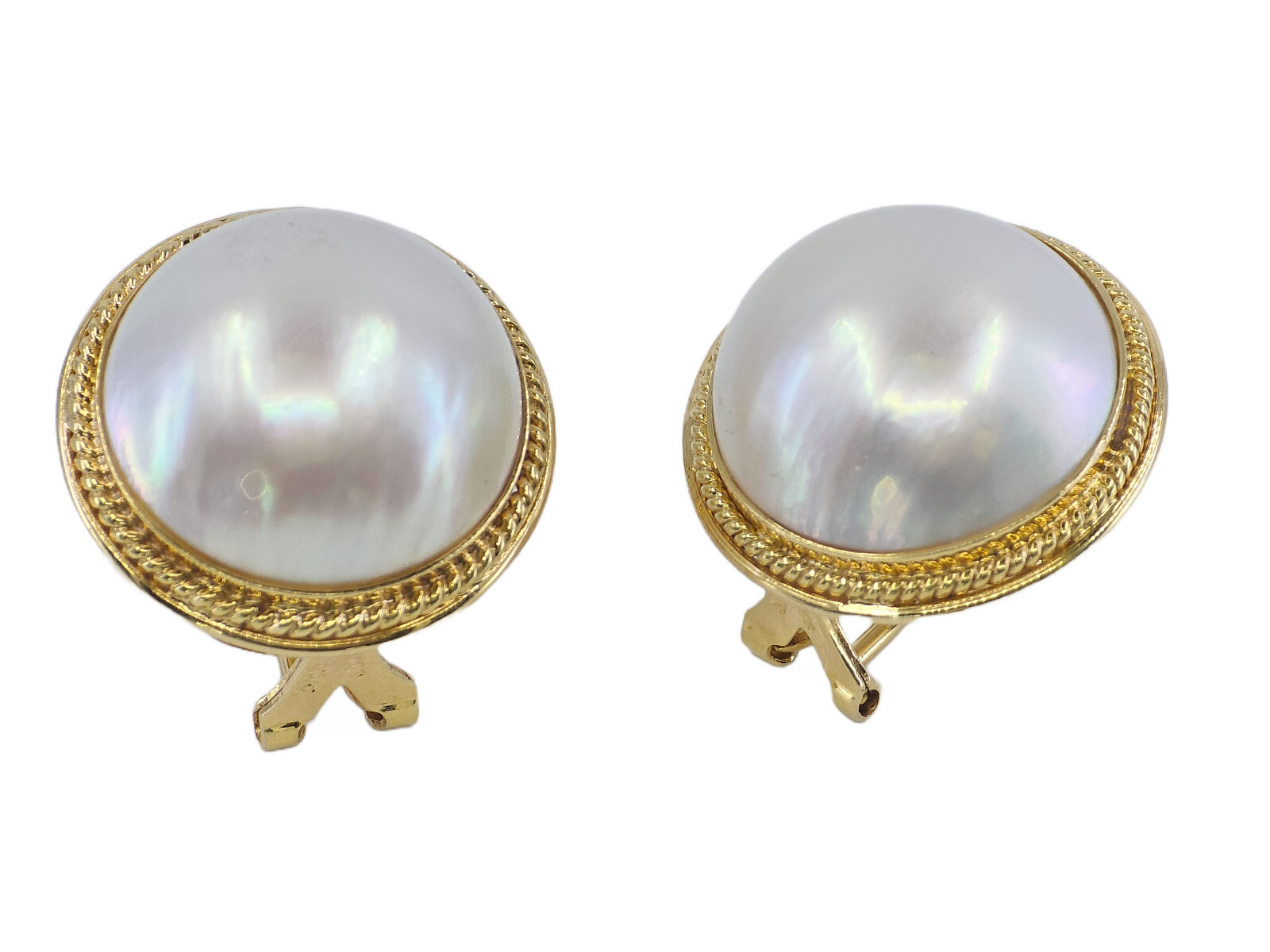 SOLID 14K GOLD 20mm MABE PEARL OMEGA BACK EARRINGS ~ 22.6g / 24 mm