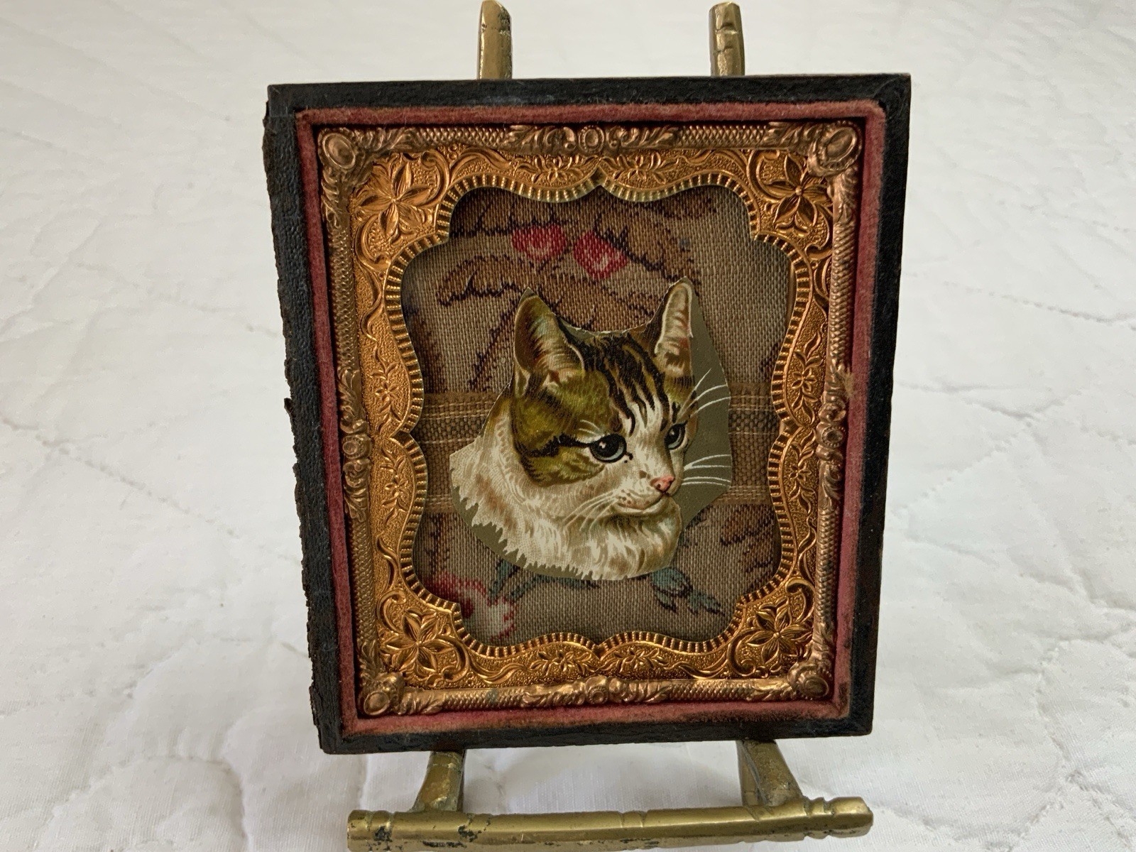 Vintage Antique Victorian Die Cut Ephemera Framed, Half Union Case, Kitty Cat