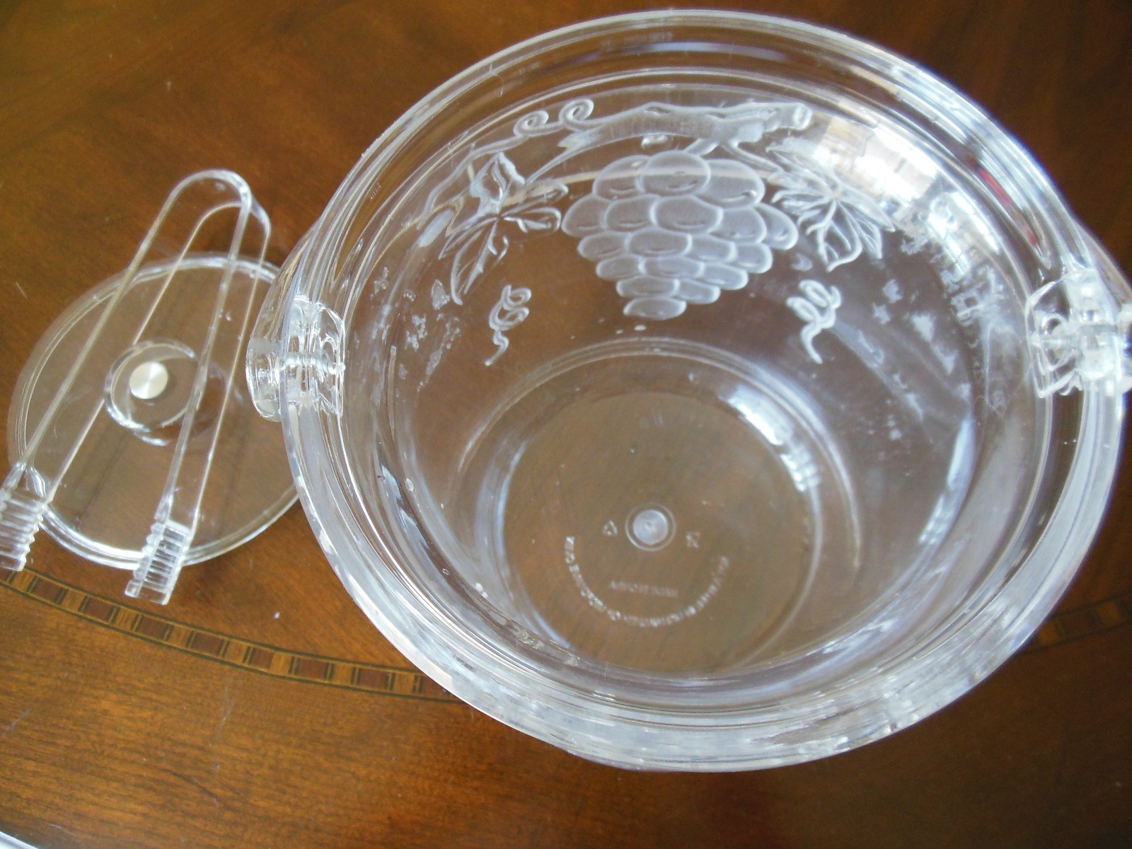 Ice Bucket with Lid and Tongs Grape and Leaf Design Clear Acrylic or Plastic