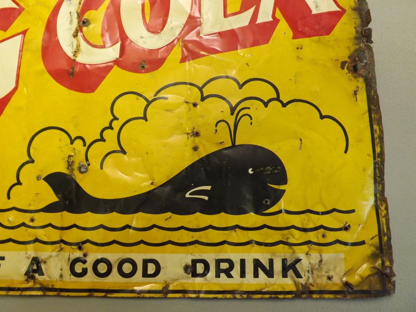 Vintage 1930's BIG COLA Whale Metal Sign RARE GAS OIL SODA Birmingham Alabama