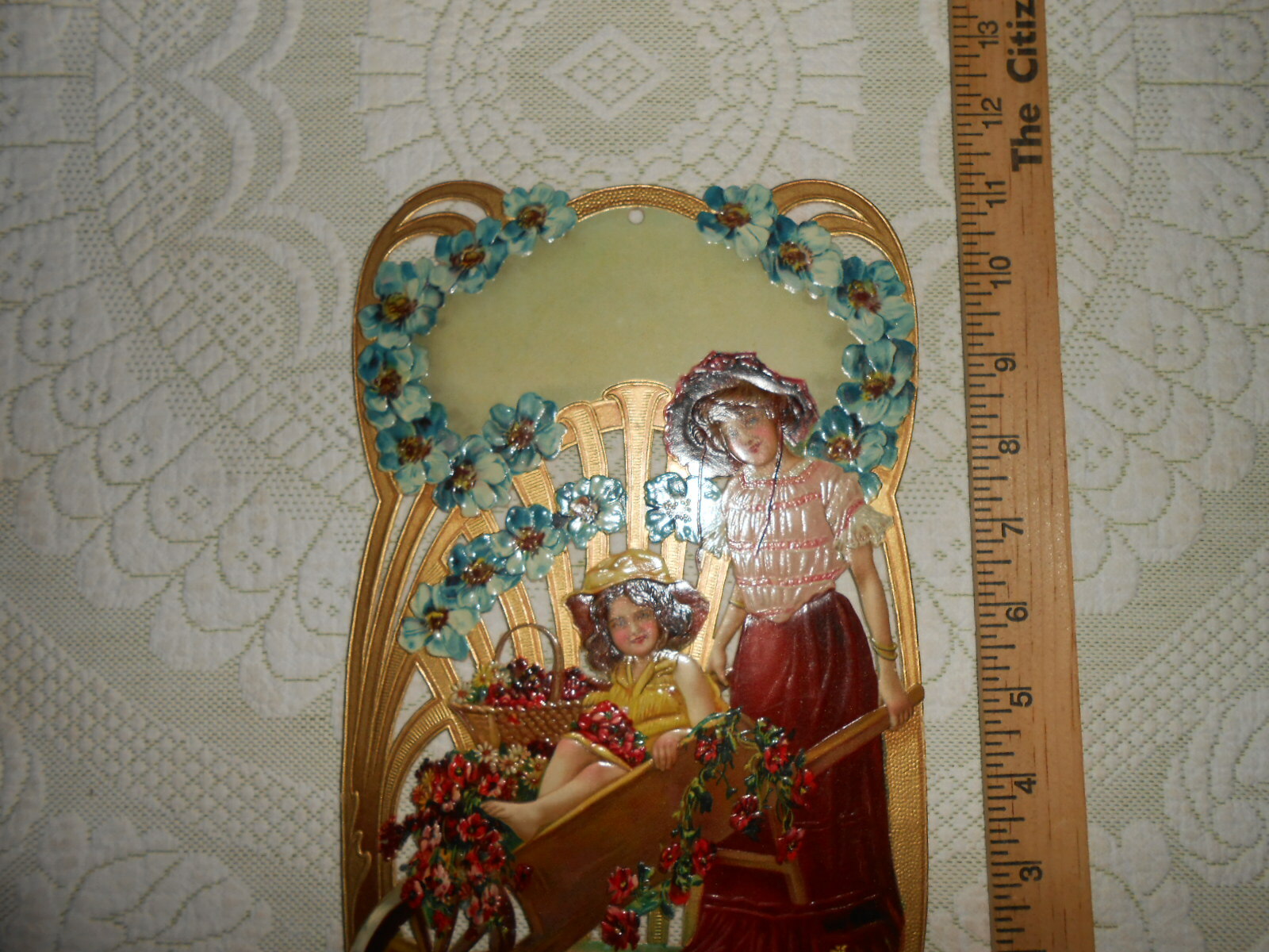 Large 1900 Antique Victorian Die-Cut Sign Girls With Wheelbarrow  NOS