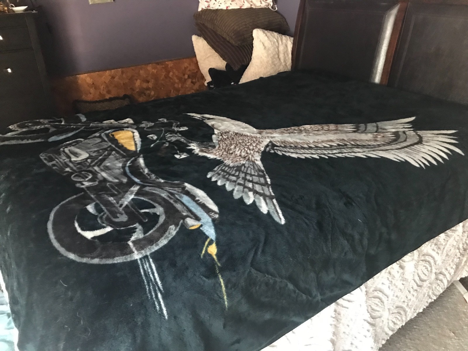VTG MOTORCYCLE EAGLE ENGINE CRUISING QUEEN SIZE BLANKET 83x92 Heavy Black