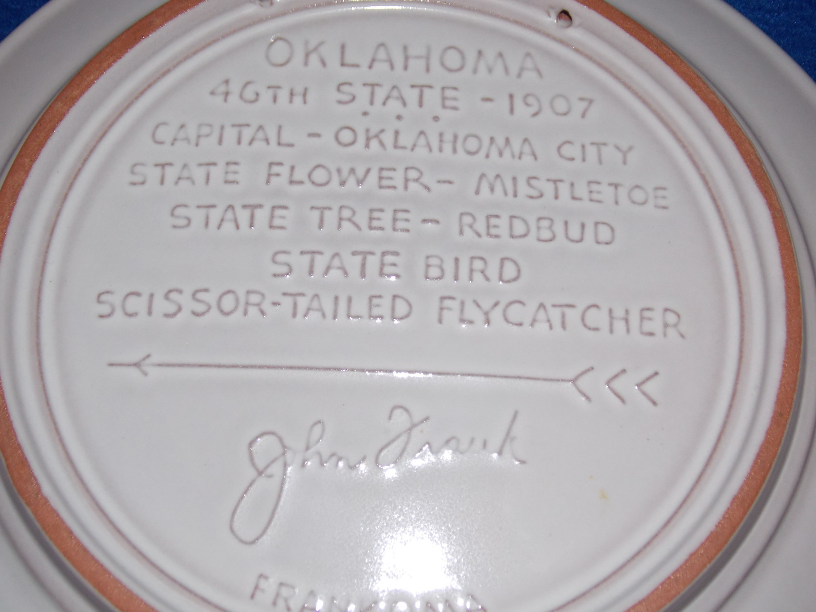 Frankoma Souvenir Commemorative Oklahoma 1907 Hanging Plate Sapulpa Clay 8 1/2