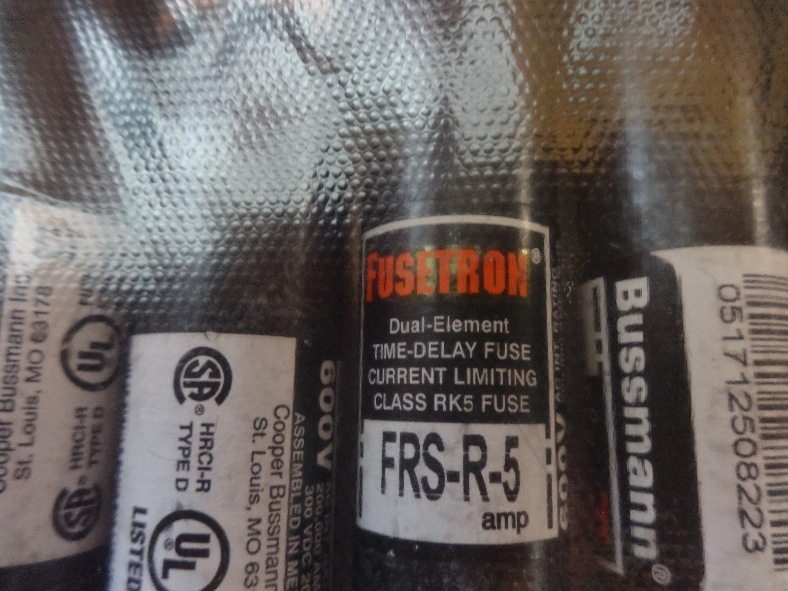 COOPER BUSSMAN FUSETRON FRS-R-5  600 VAC 300 OR LESS VDC, 20 KA LOT OF 5 (NEW)
