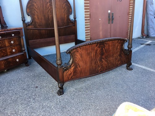 Carved Mahogany Victorian Full Size Bedset. 1890s Bed & Dresser Dolphins