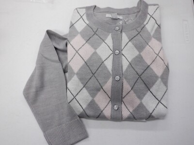 WOMENS MEDIUM CROFT & BARROW PINK GRAY ARGYLE CARDIGAN SWEATER NEW #22042