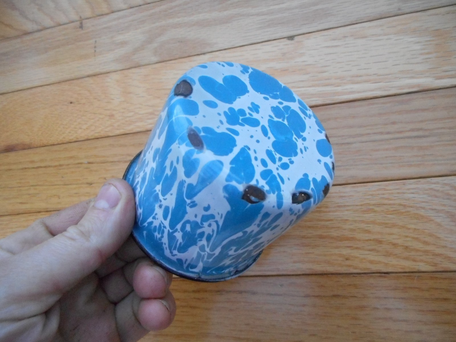 Vintage Antique Graniteware Blue White Swirl Cup Mug Metal Enamelware