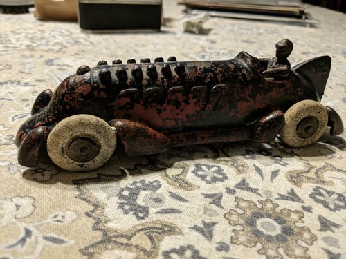 A. C. Williams Cast Iron Boat Tail Racer w/ Driver Embossed Pistons 8.5