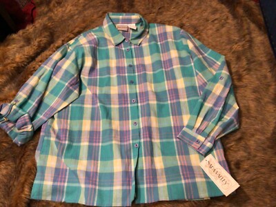 Napa Valley Roll Tab Sleeve Plaid Button Up Krinkle Shirt Size XL